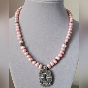 Vintage 1950's DSJ Pink Freshwater Baroque Pearl Hematite .925 Silver Necklace